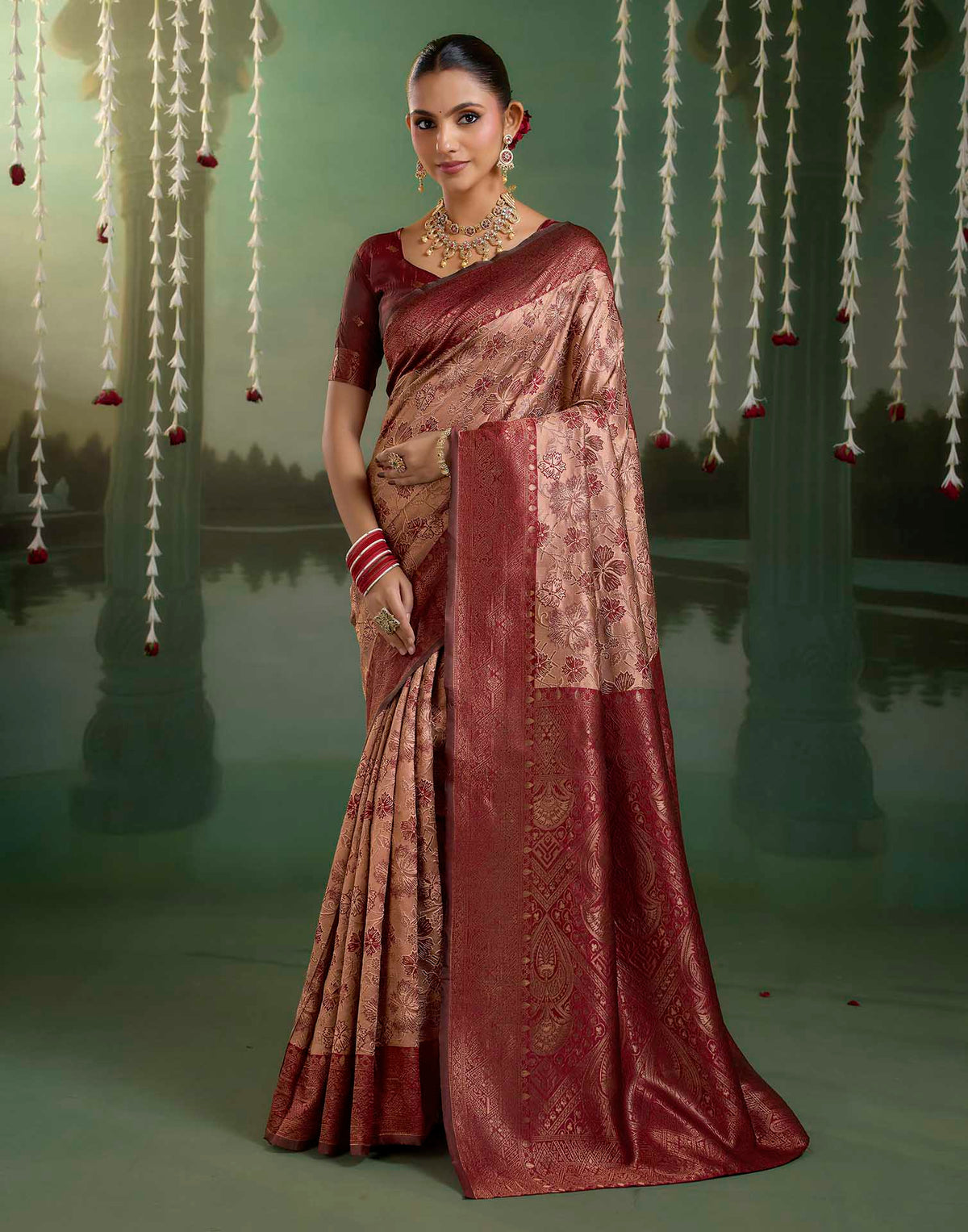 Dusty Peach Silk Woven Banarasi Saree