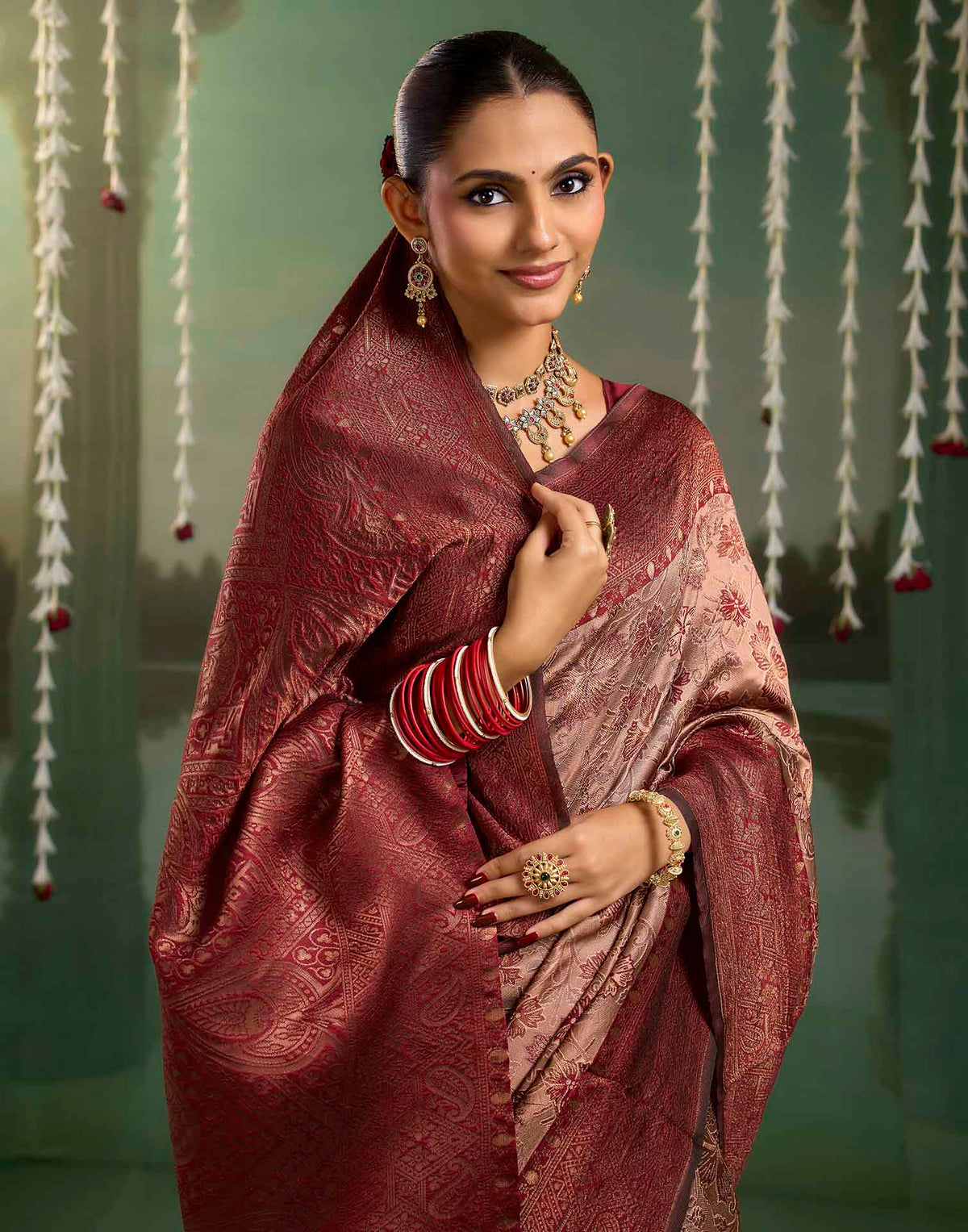 Dusty Peach Silk Woven Banarasi Saree