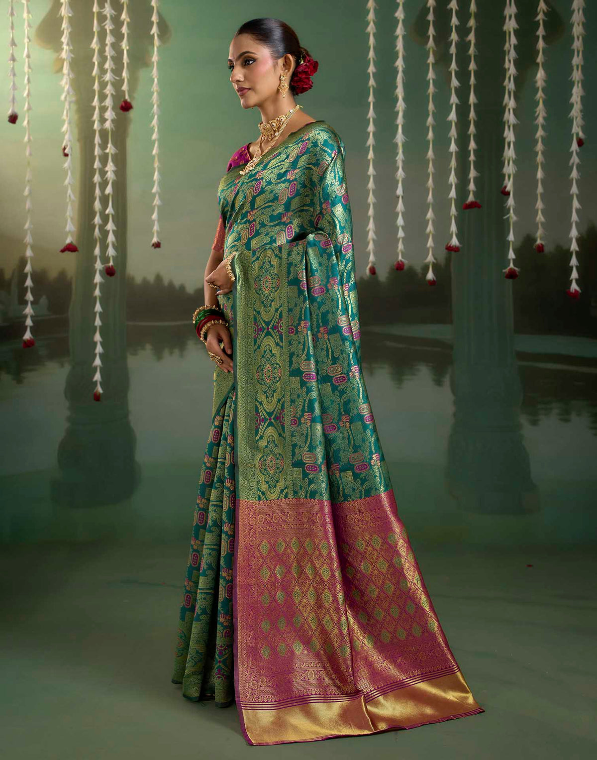 Turquoise Silk Woven Banarasi Saree