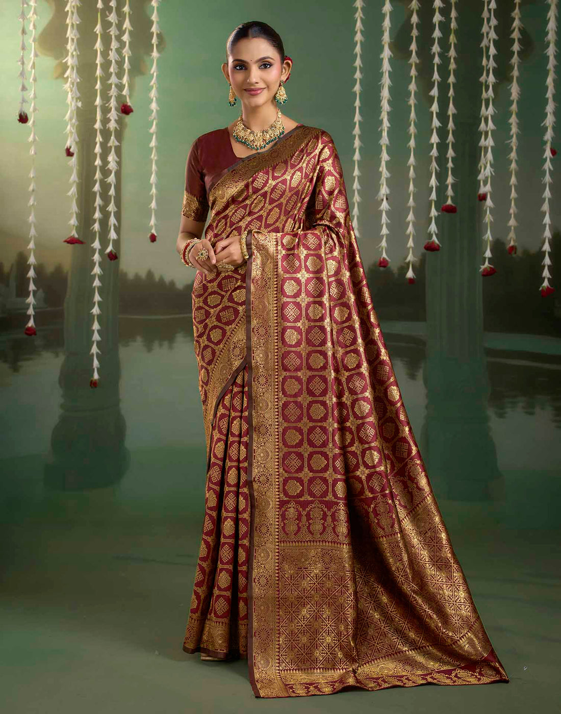 Maroon Silk Woven Banarasi Saree