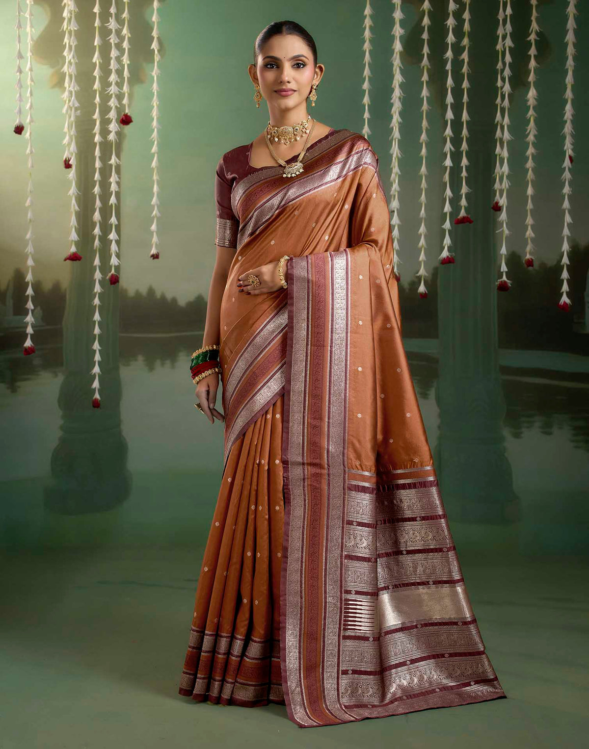 Rust Orange Silk Woven Kanjivaram Saree