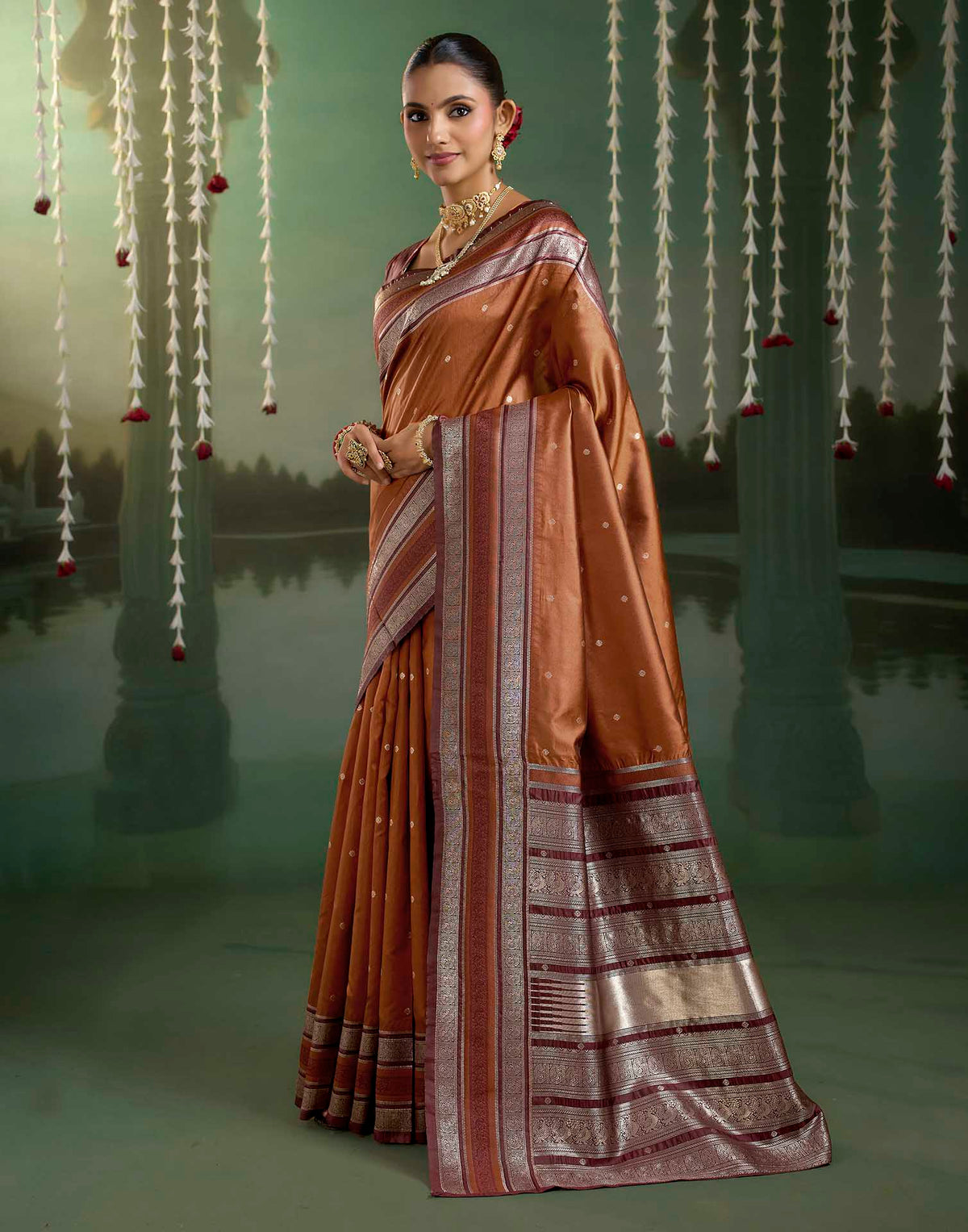 Rust Orange Silk Woven Kanjivaram Saree