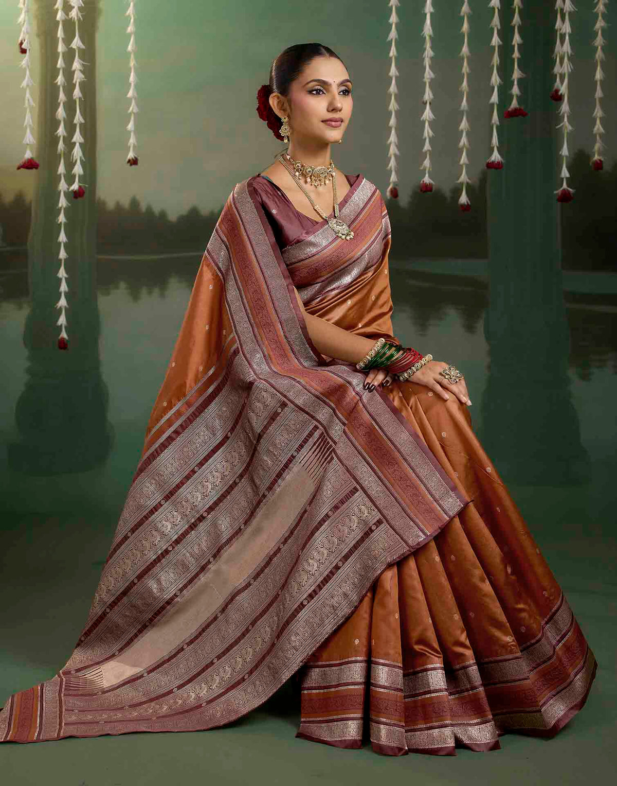 Rust Orange Silk Woven Kanjivaram Saree
