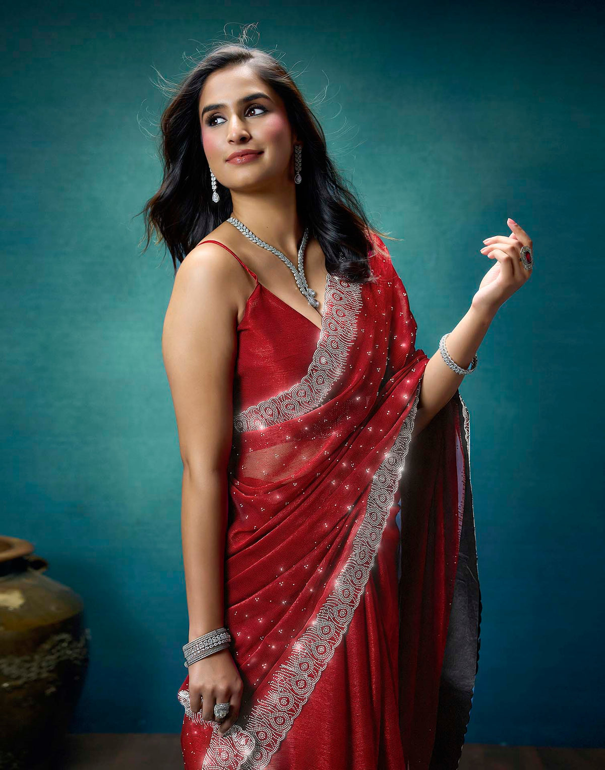 Rust Shimmer Stone Work Swarovski Saree