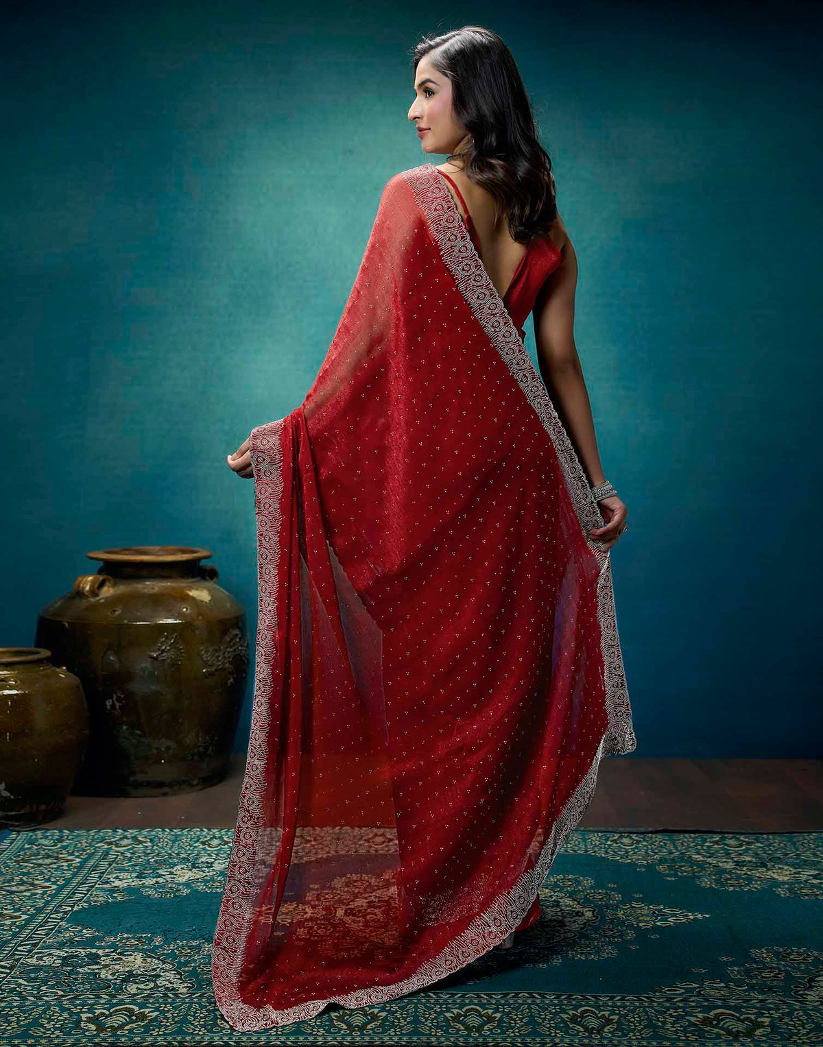 Rust Shimmer Stone Work Swarovski Saree