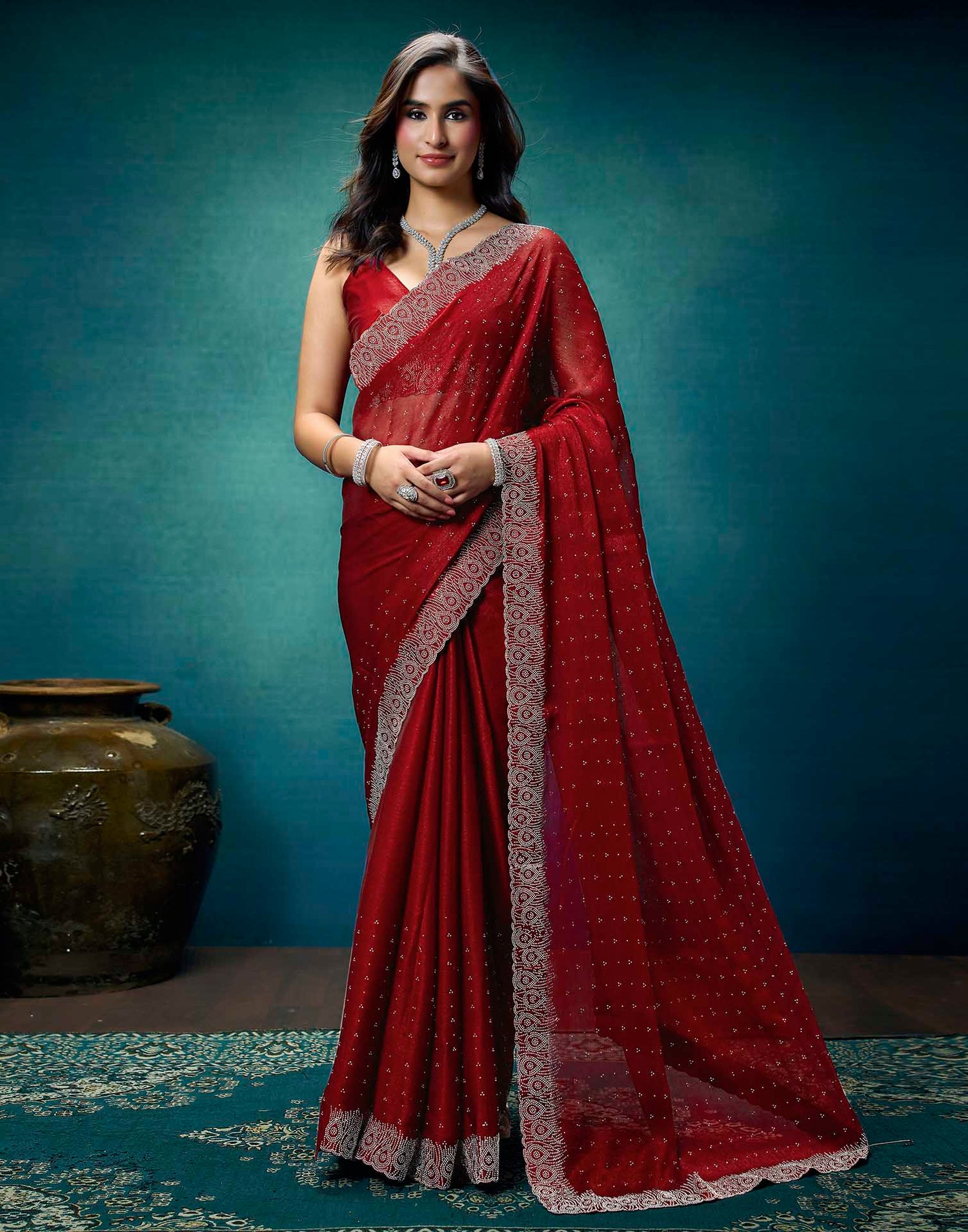 Rust Shimmer Stone Work Swarovski Saree
