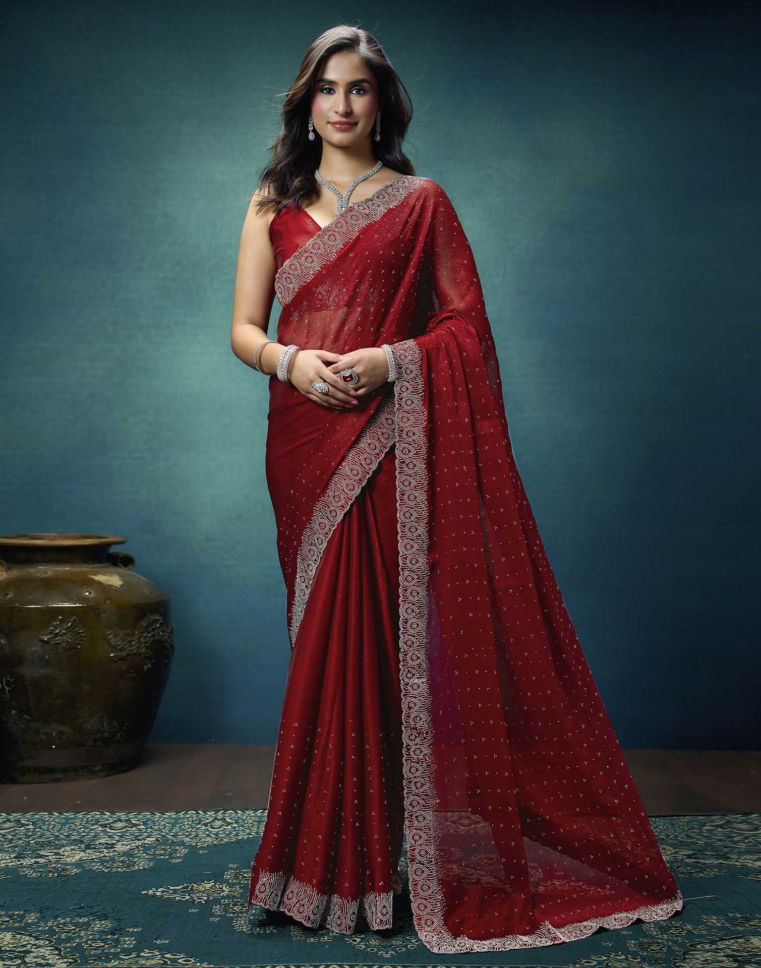 Rust Shimmer Stone Work Swarovski Saree