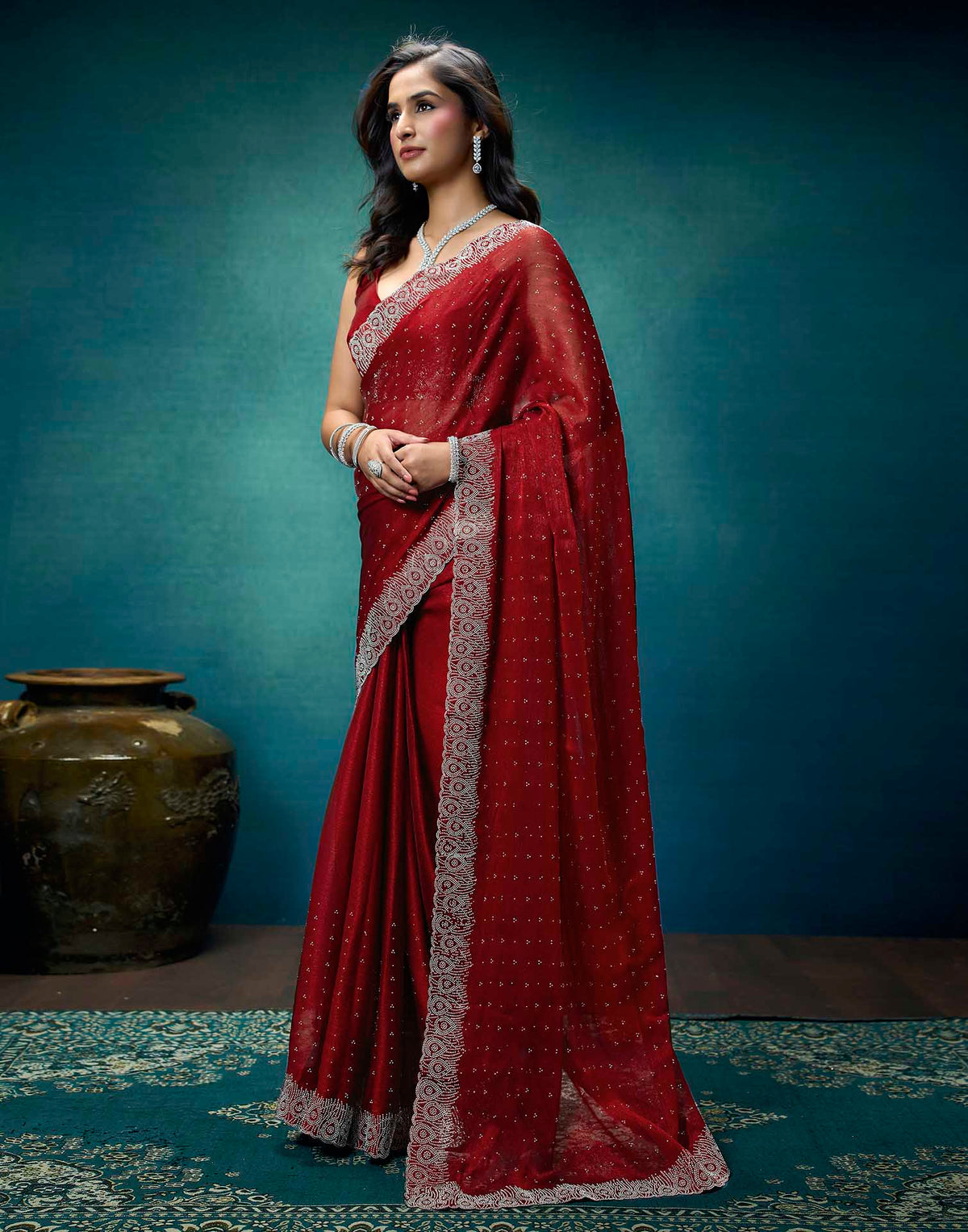 Rust Shimmer Stone Work Swarovski Saree