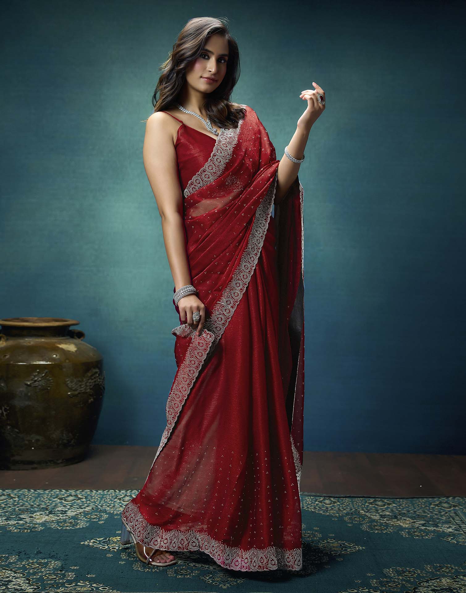 Rust Shimmer Stone Work Swarovski Saree