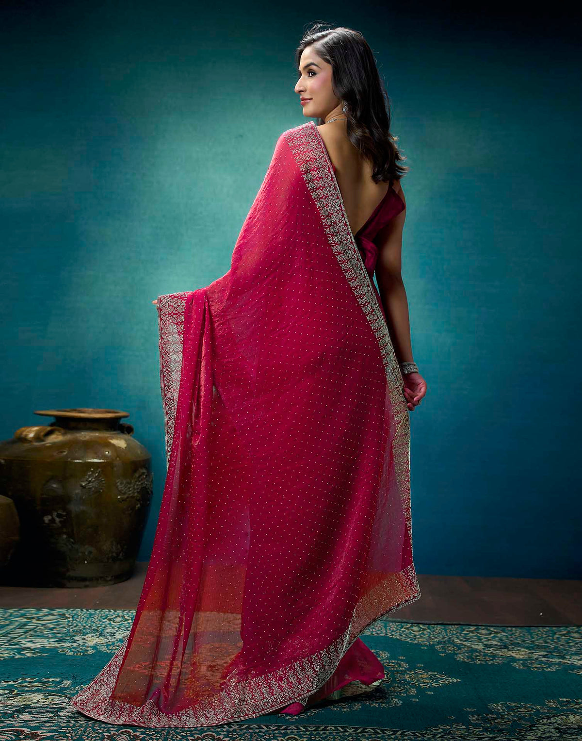 Rani Pink Shimmer Stone Work Swarovski Saree