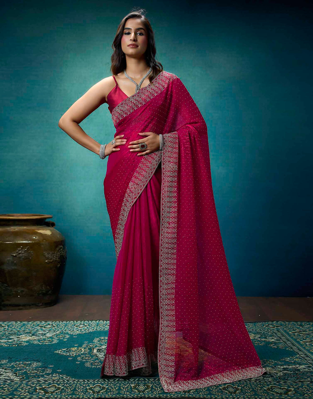 Rani Pink Shimmer Stone Work Swarovski Saree