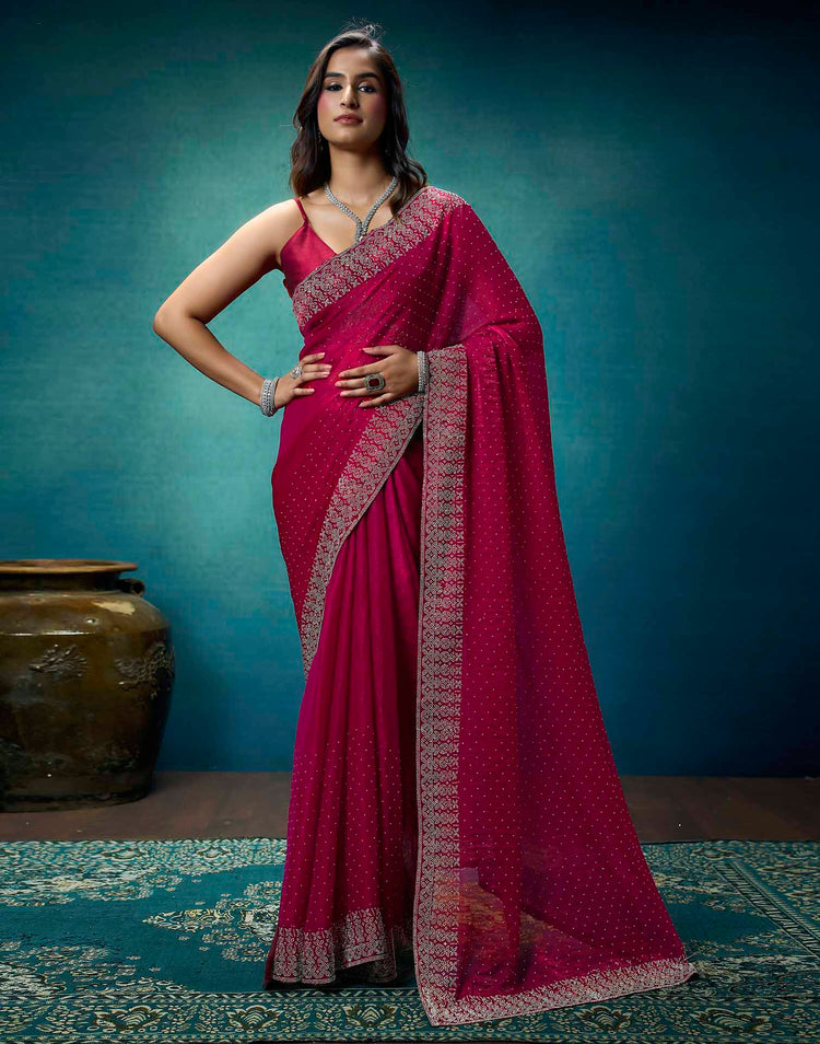 Rani Pink Shimmer Stone Work Swarovski Saree