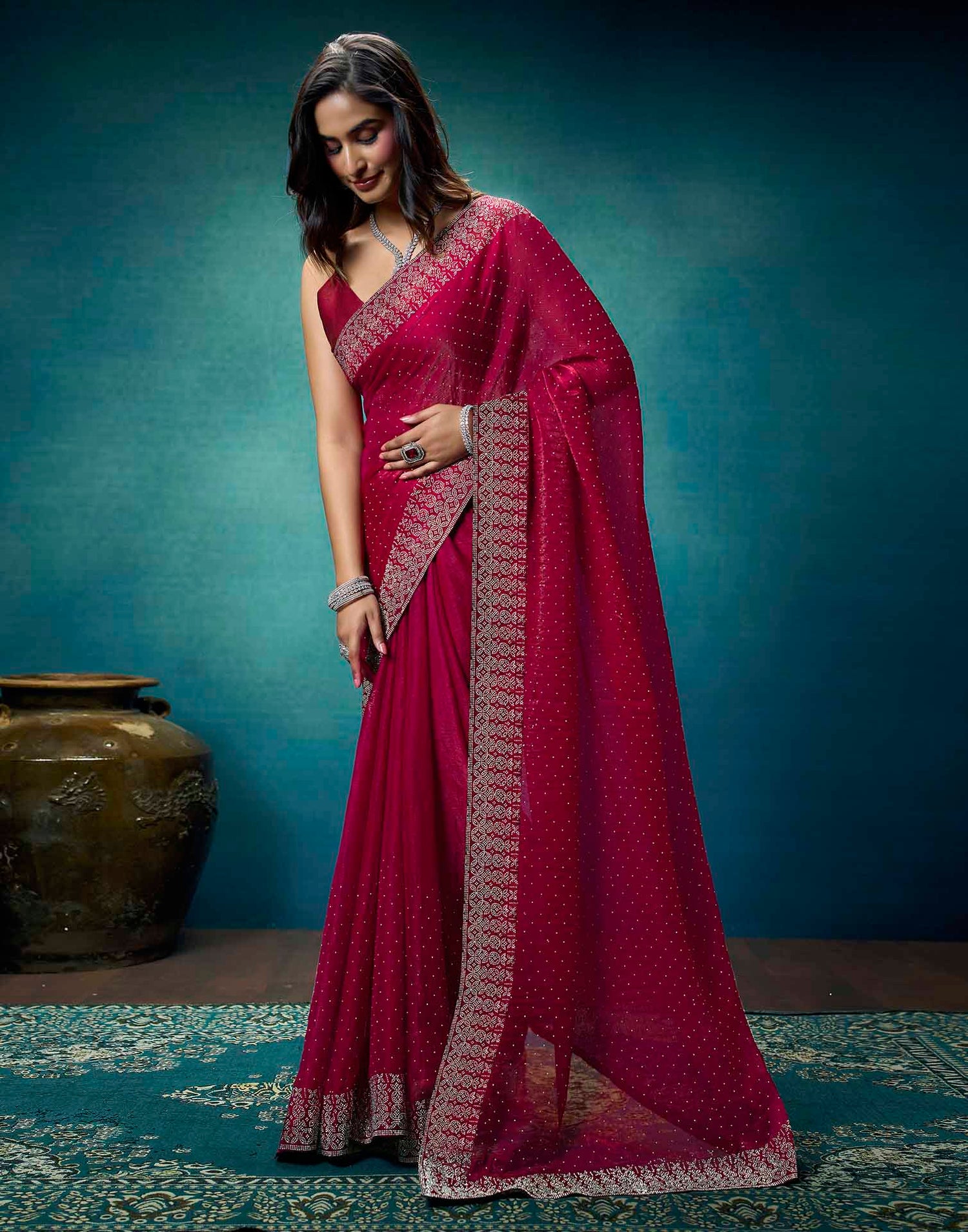 Rani Pink Shimmer Stone Work Swarovski Saree