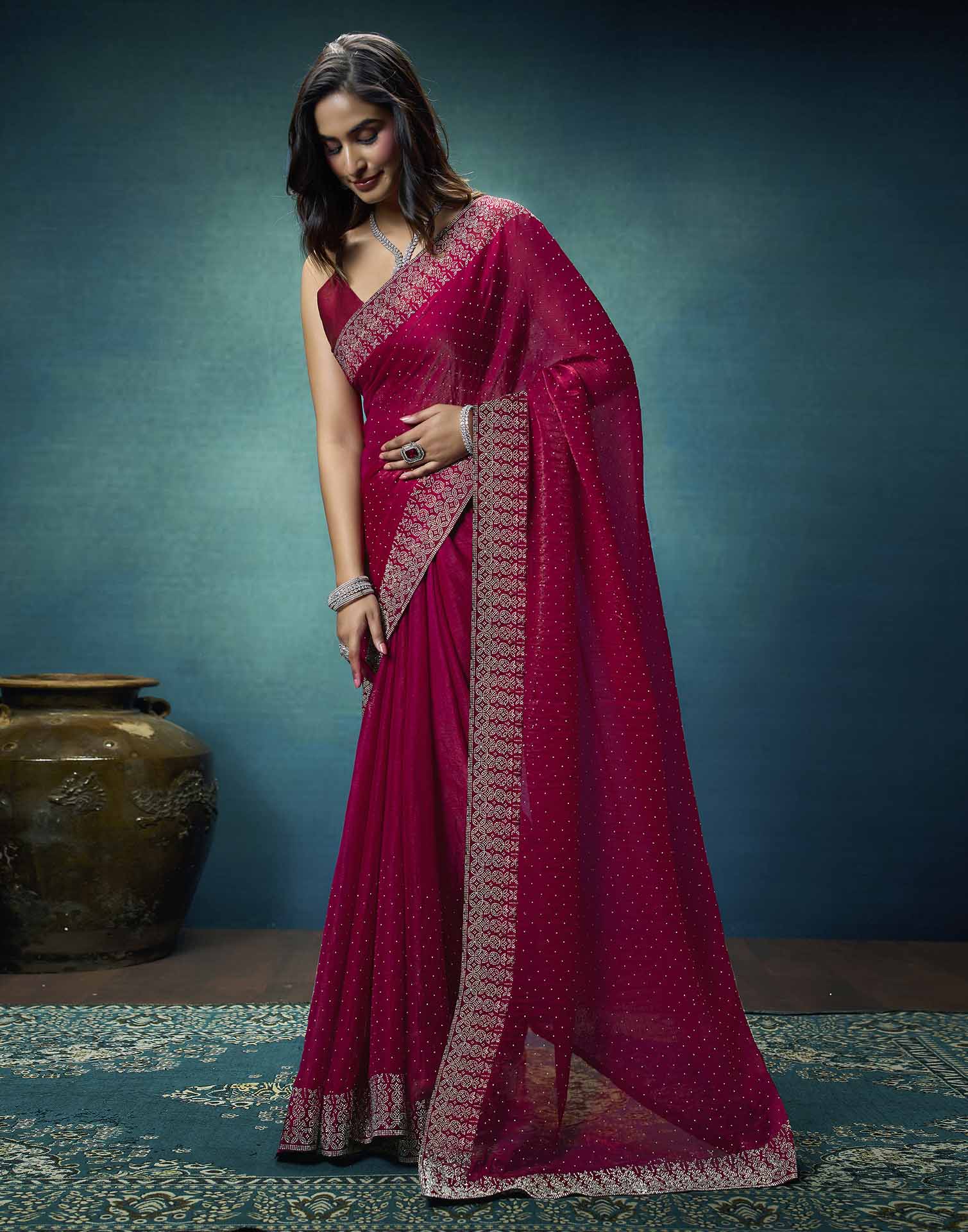 Rani Pink Shimmer Stone Work Swarovski Saree