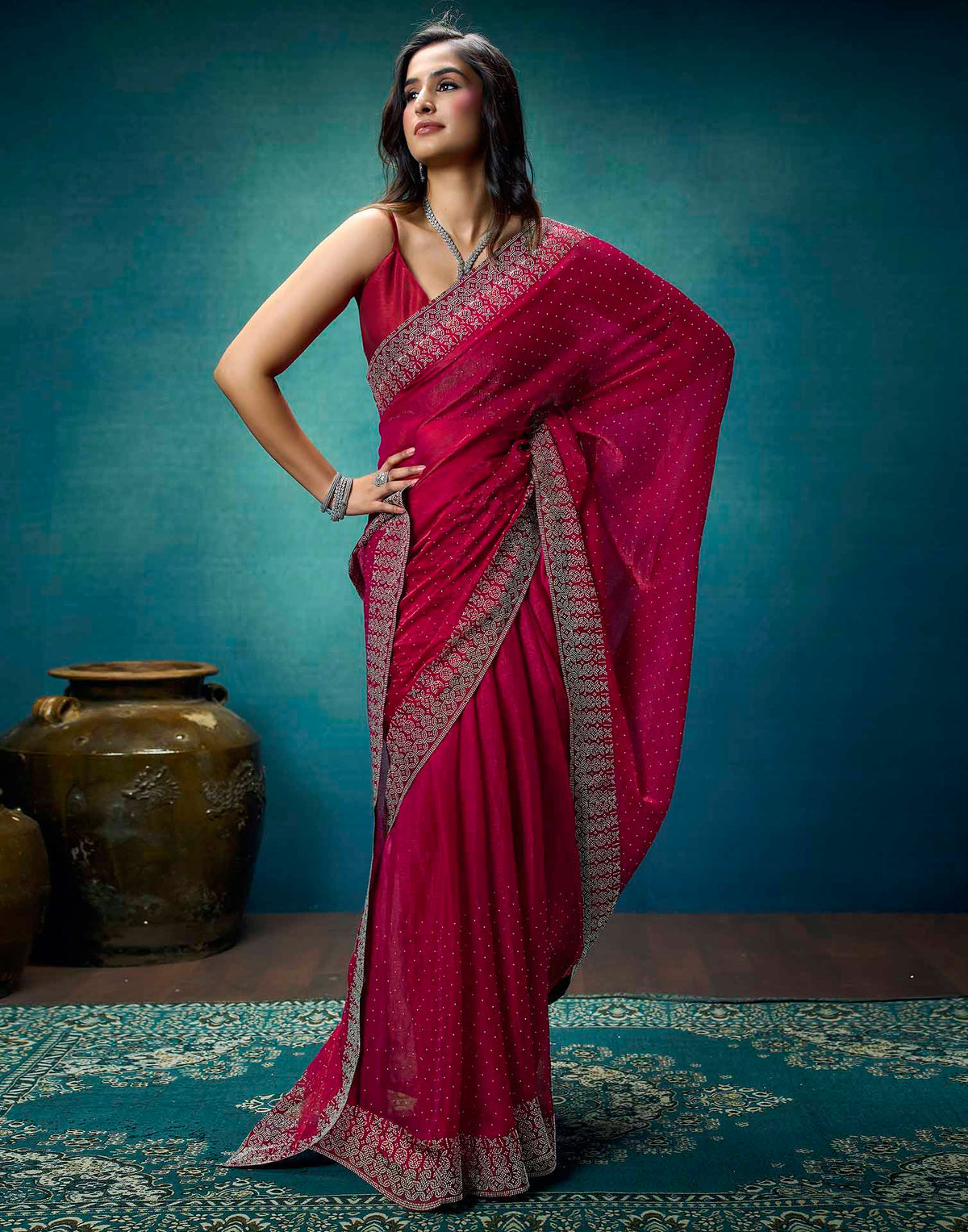 Rani Pink Shimmer Stone Work Swarovski Saree