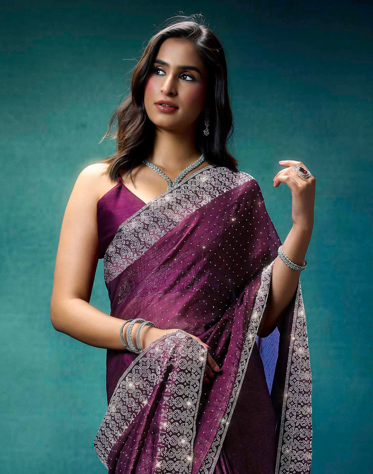 Purple Shimmer Stone Work Swarovski Saree