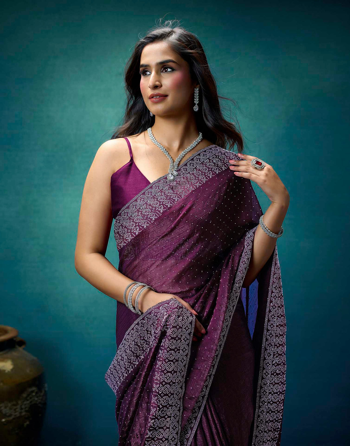 Purple Shimmer Stone Work Swarovski Saree