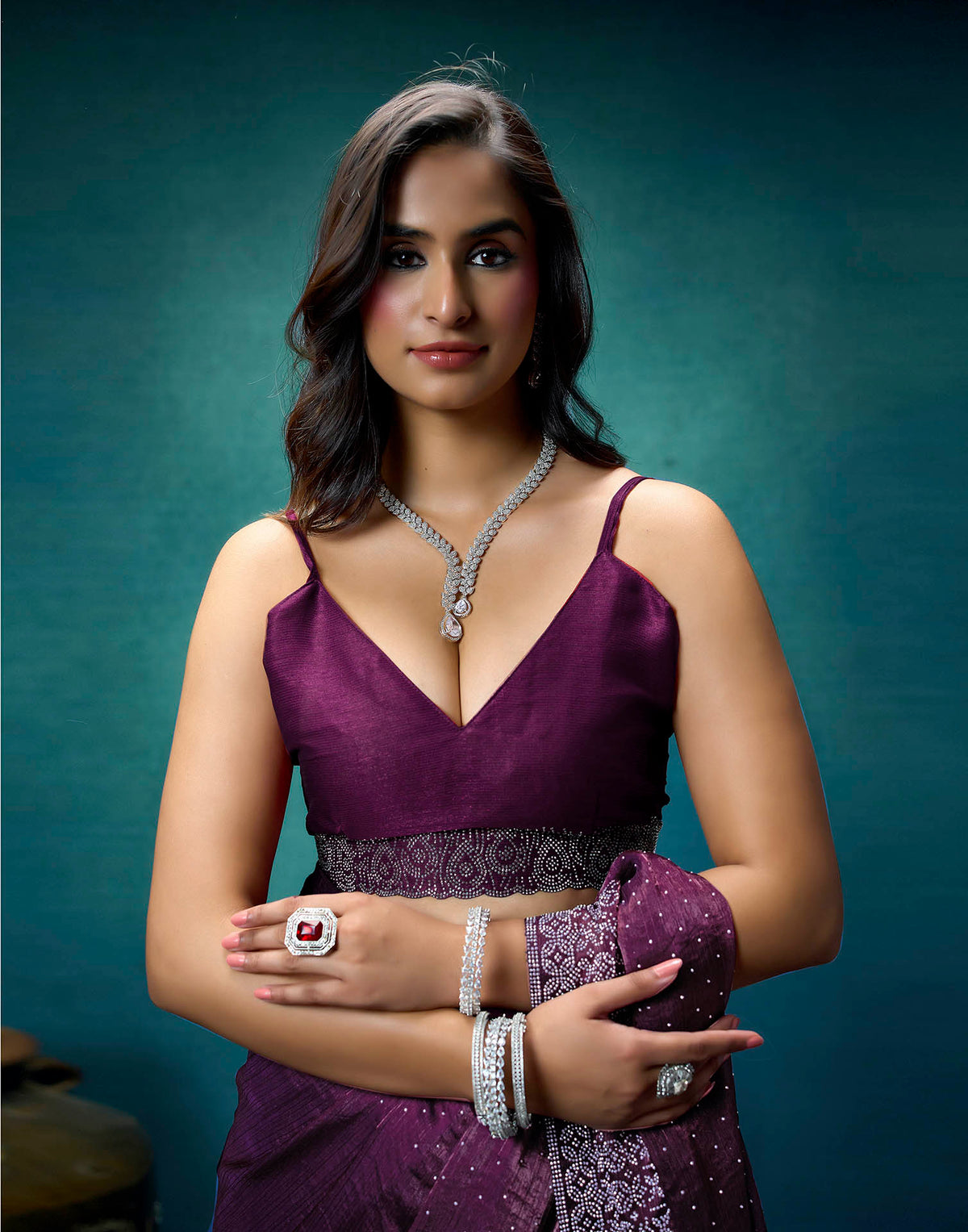 Purple Shimmer Stone Work Swarovski Saree