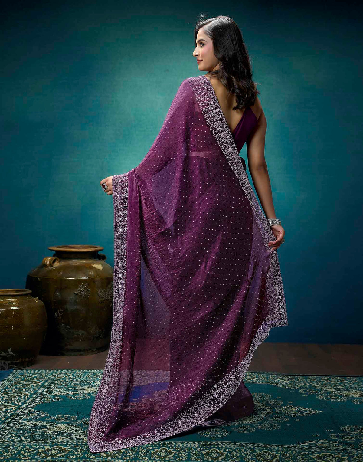 Purple Shimmer Stone Work Swarovski Saree