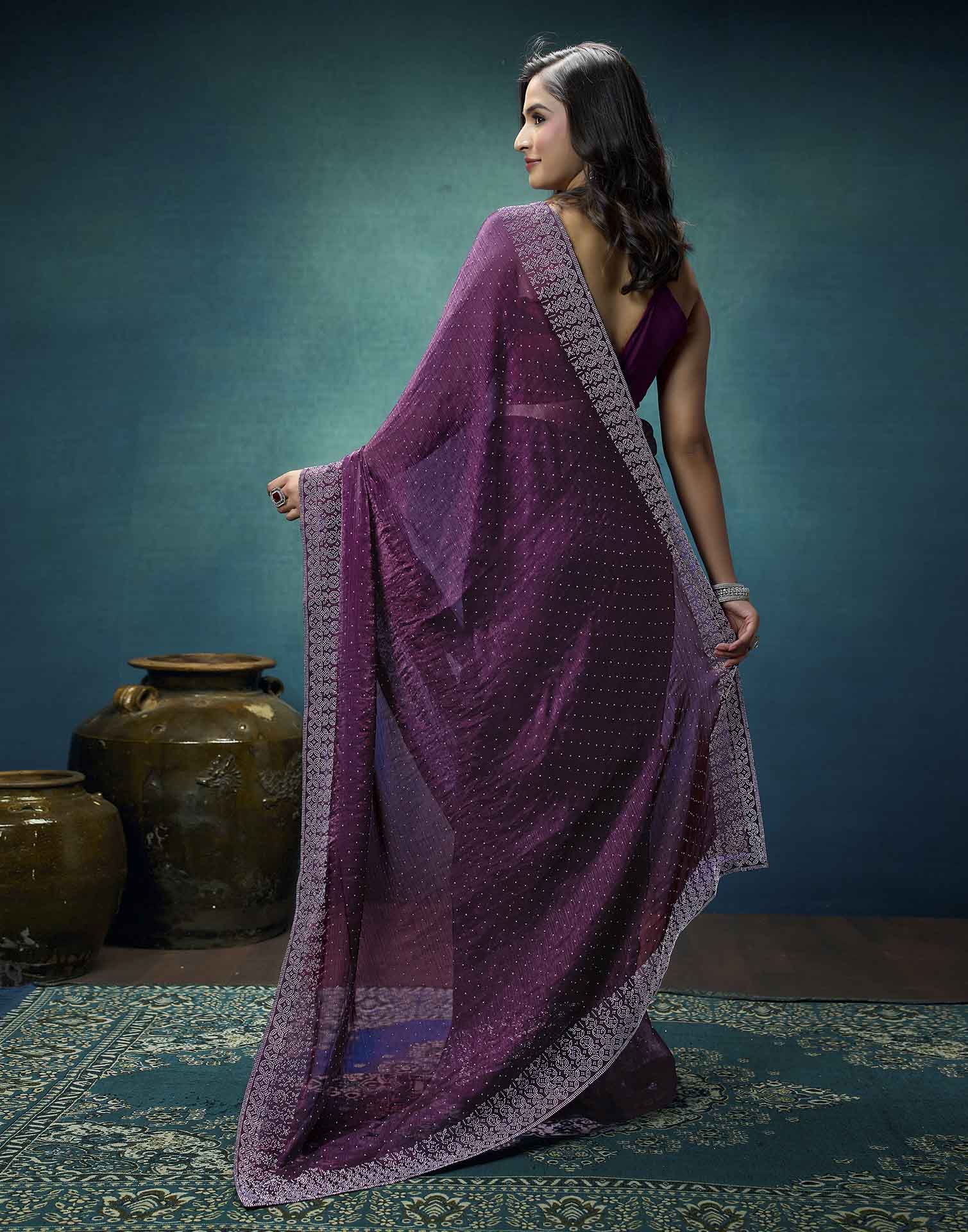 Purple Shimmer Stone Work Swarovski Saree