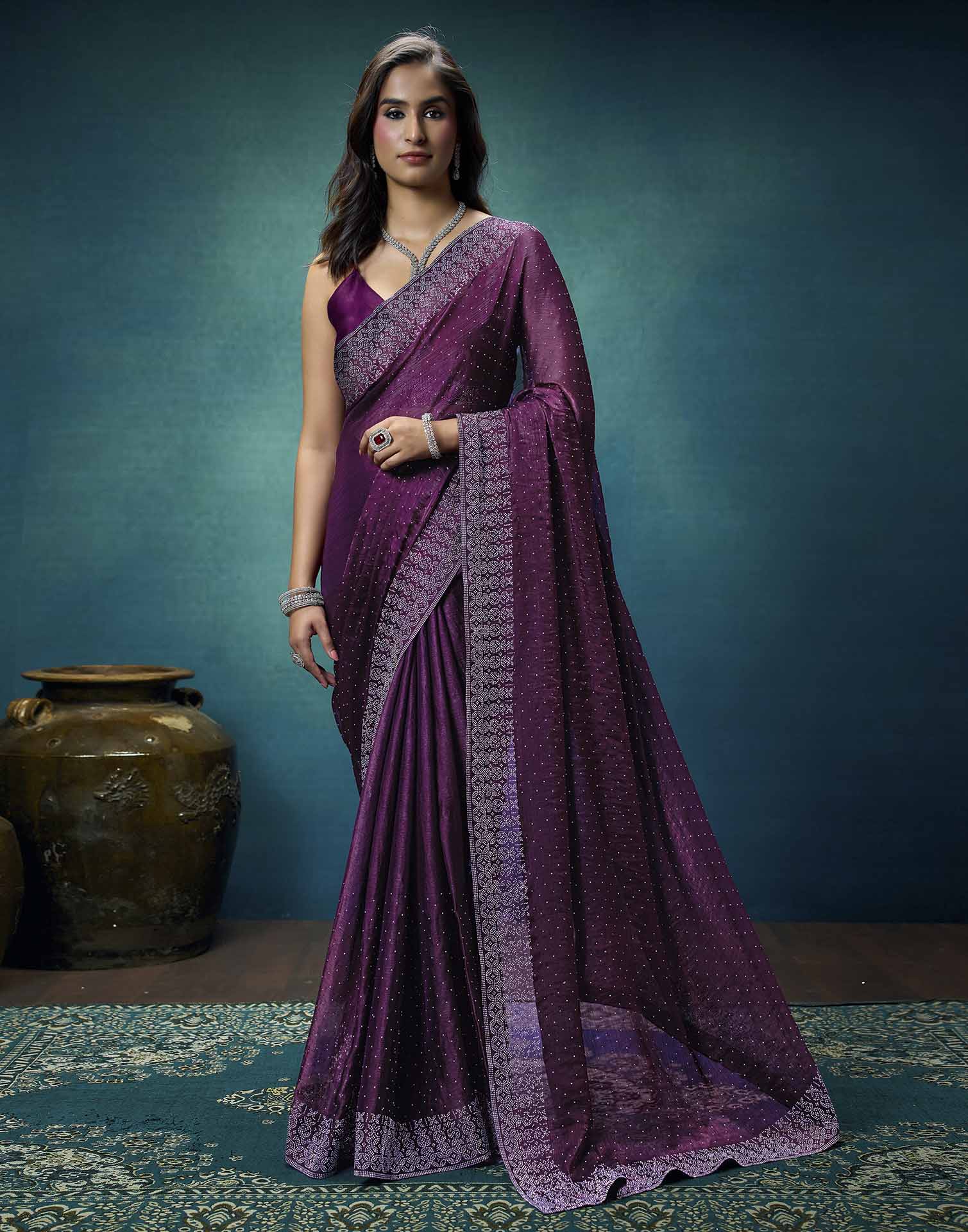 Purple Shimmer Stone Work Swarovski Saree