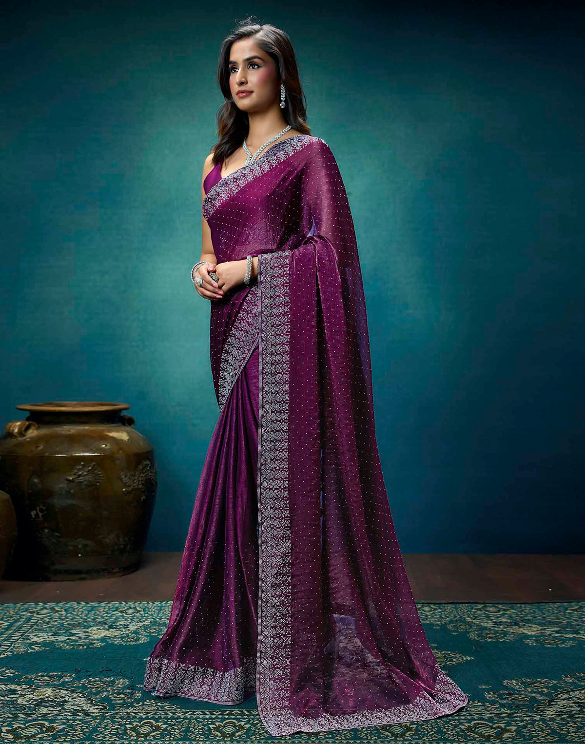 Purple Shimmer Stone Work Swarovski Saree