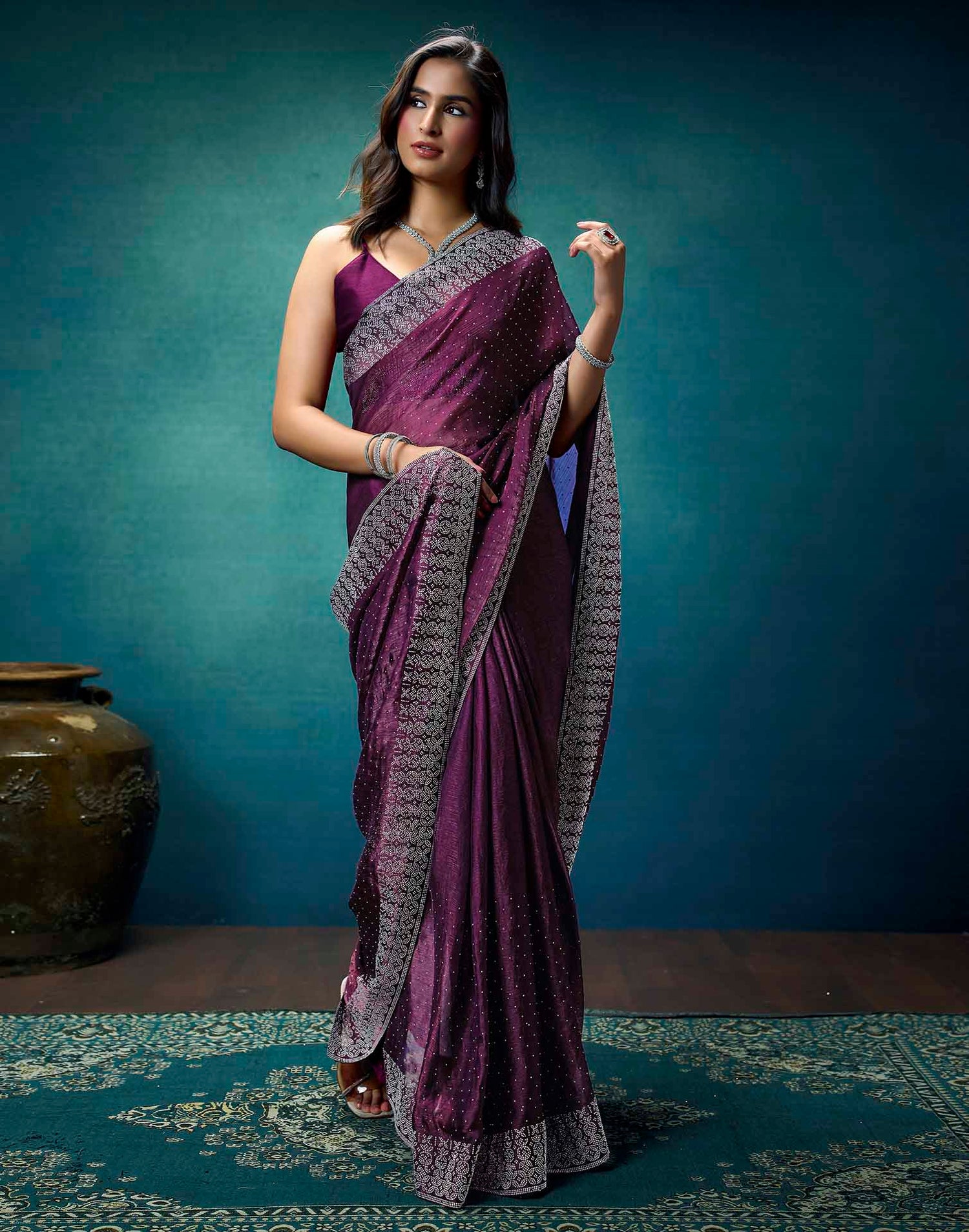 Purple Shimmer Stone Work Swarovski Saree