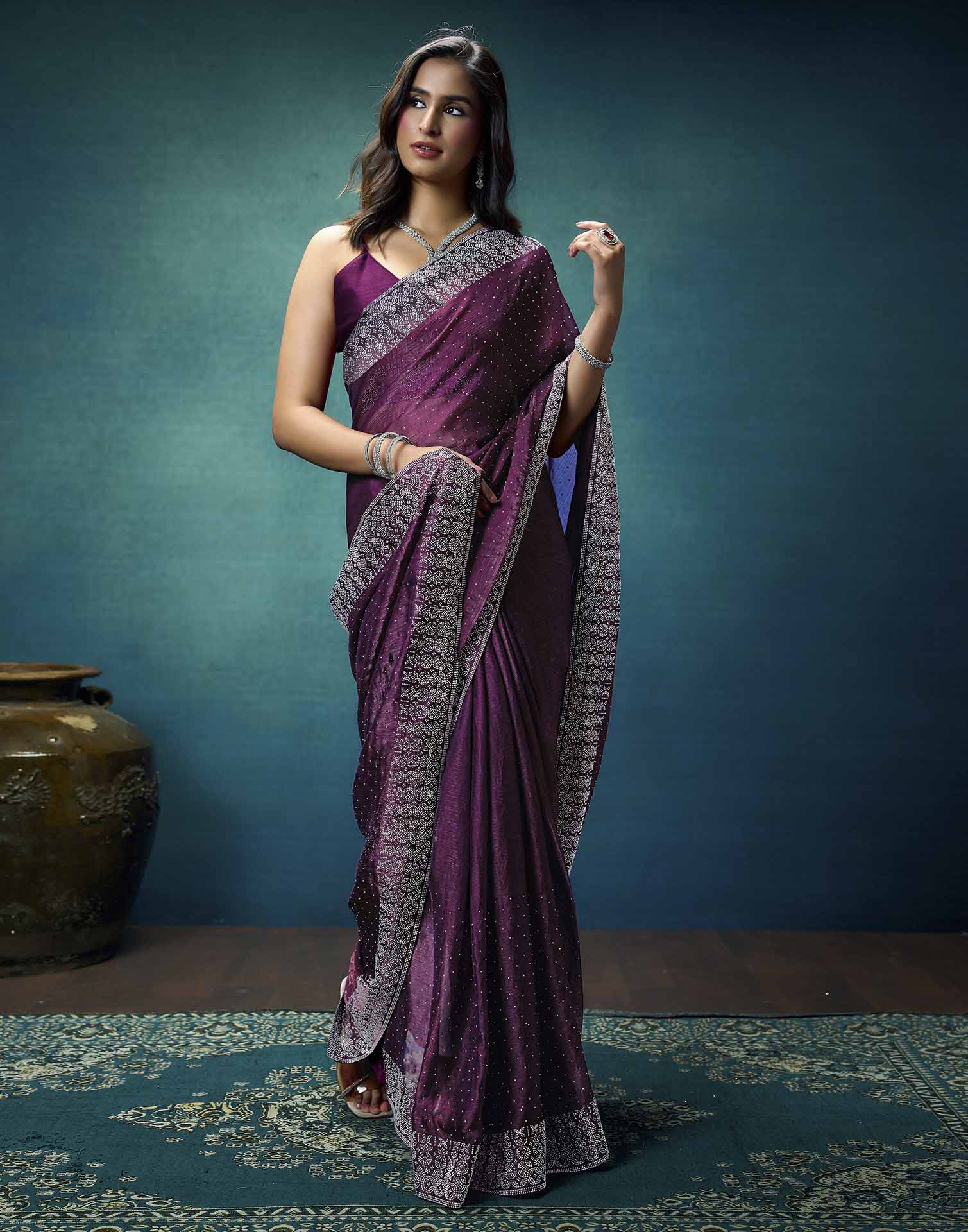 Purple Shimmer Stone Work Swarovski Saree