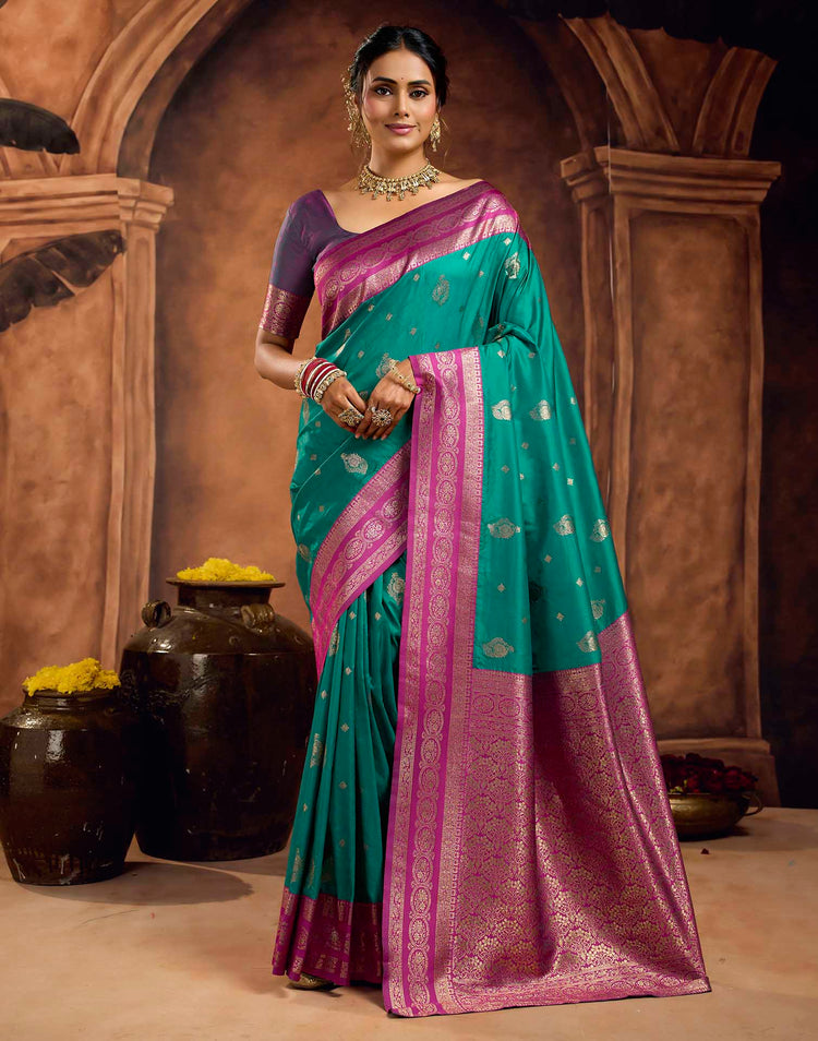 Teal Blue Silk Woven Banarasi Saree