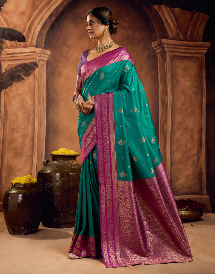 Teal Blue Silk Woven Banarasi Saree