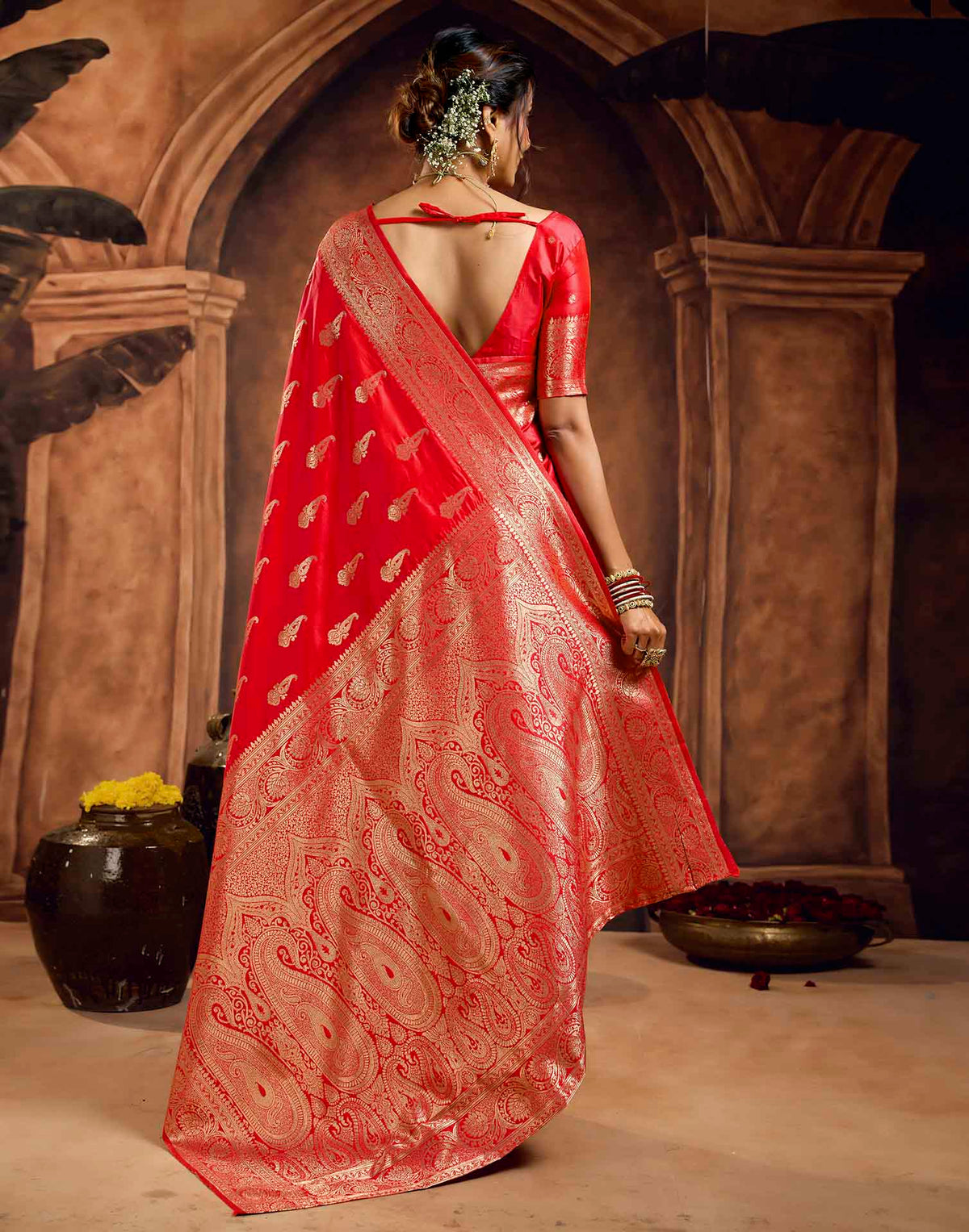 Bright Red Silk Woven Banarasi Saree