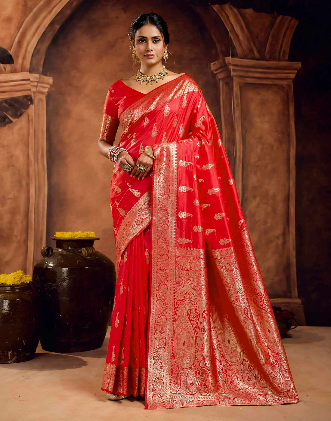 Bright Red Silk Woven Banarasi Saree
