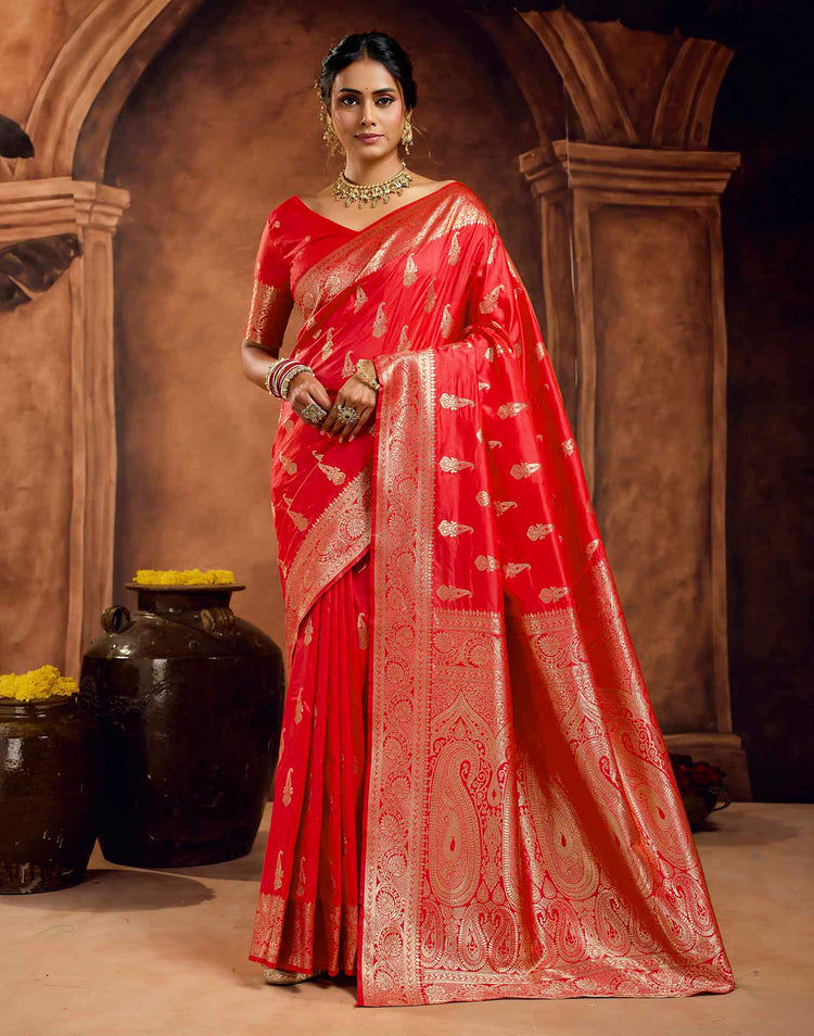 Bright Red Silk Woven Banarasi Saree