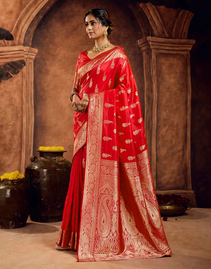 Bright Red Silk Woven Banarasi Saree