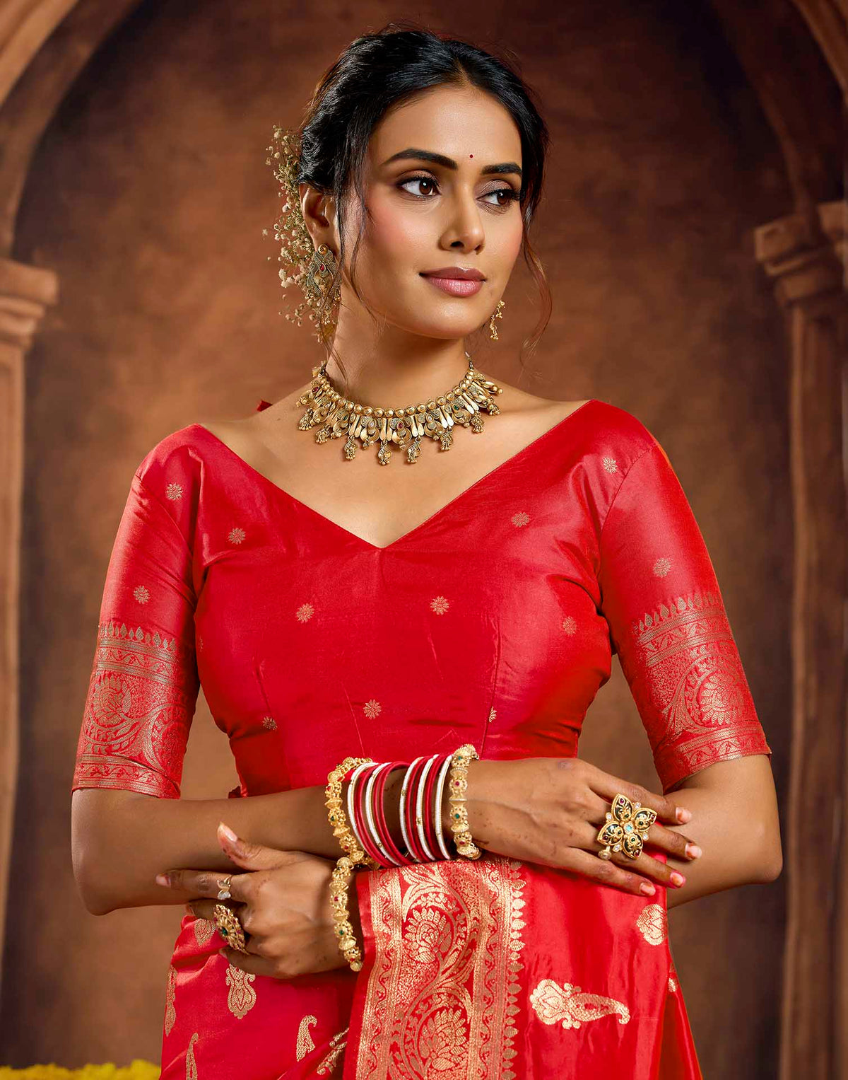 Bright Red Silk Woven Banarasi Saree