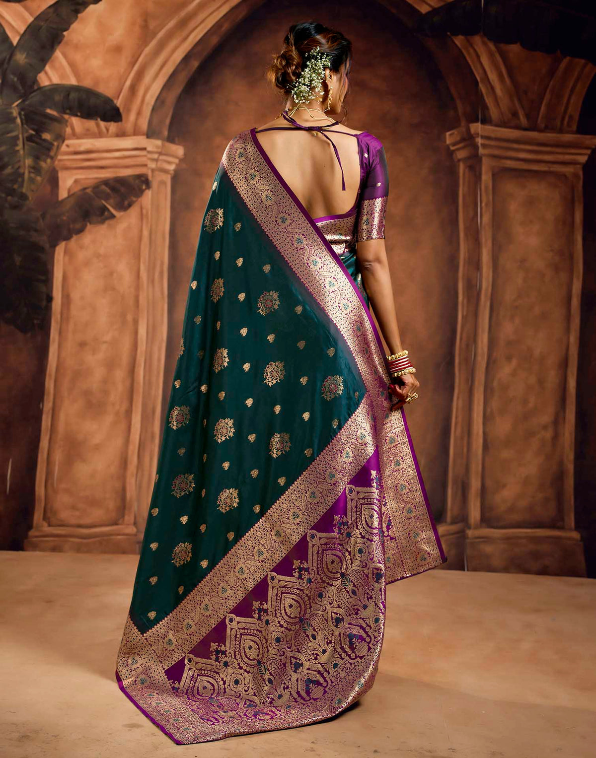 Dark teal Blue Silk Woven Banarasi Saree