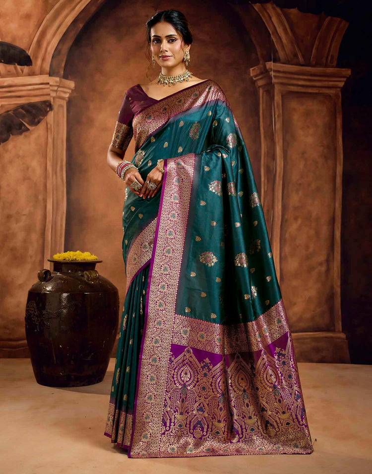 Dark teal Blue Silk Woven Banarasi Saree