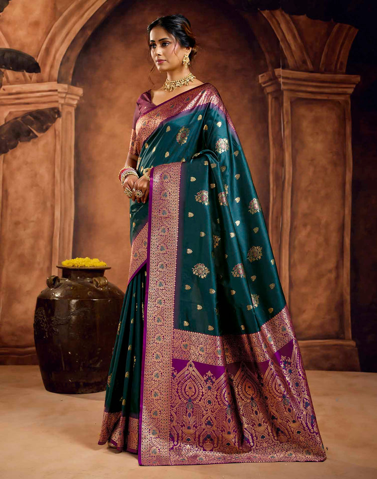 Dark teal Blue Silk Woven Banarasi Saree
