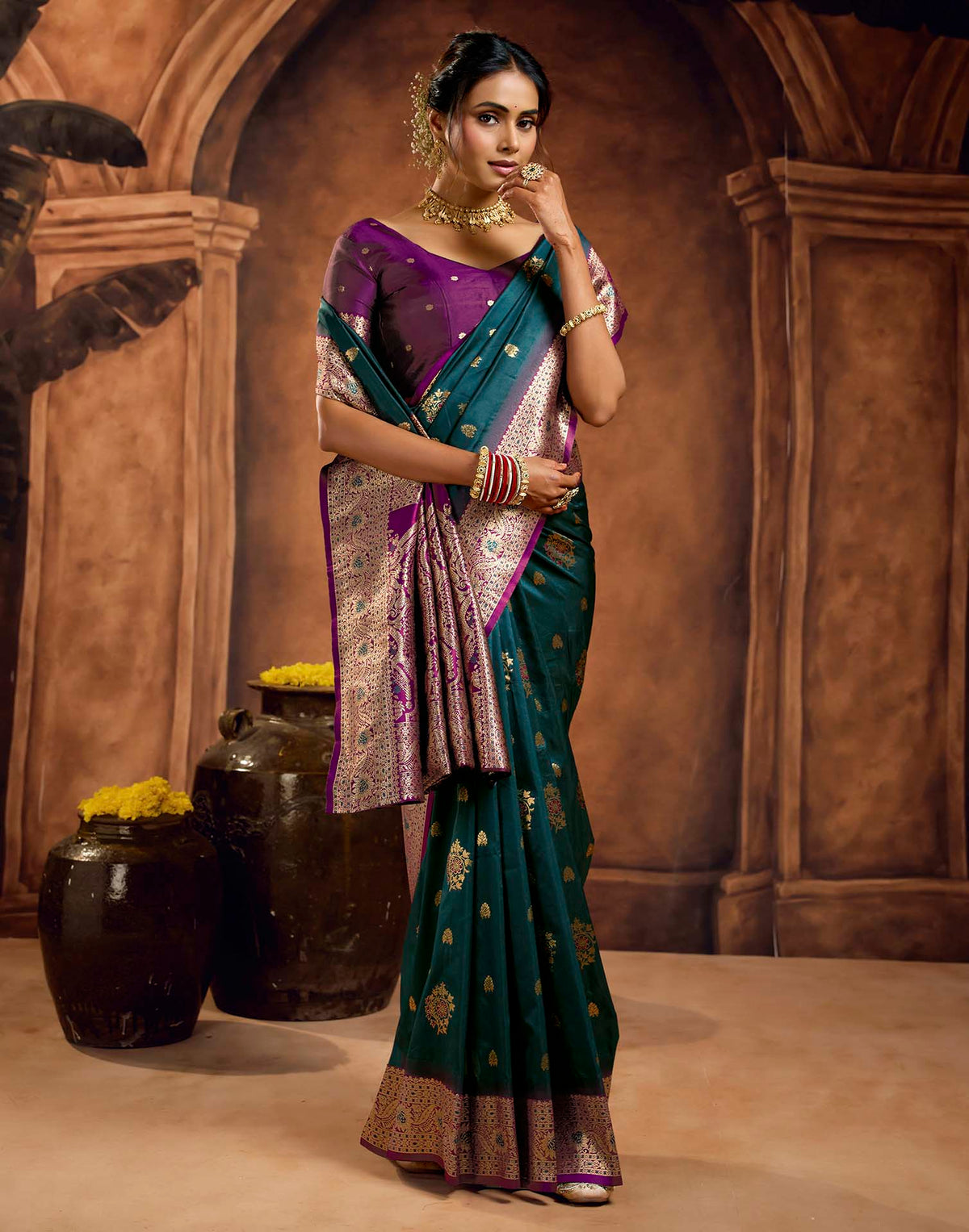 Dark teal Blue Silk Woven Banarasi Saree