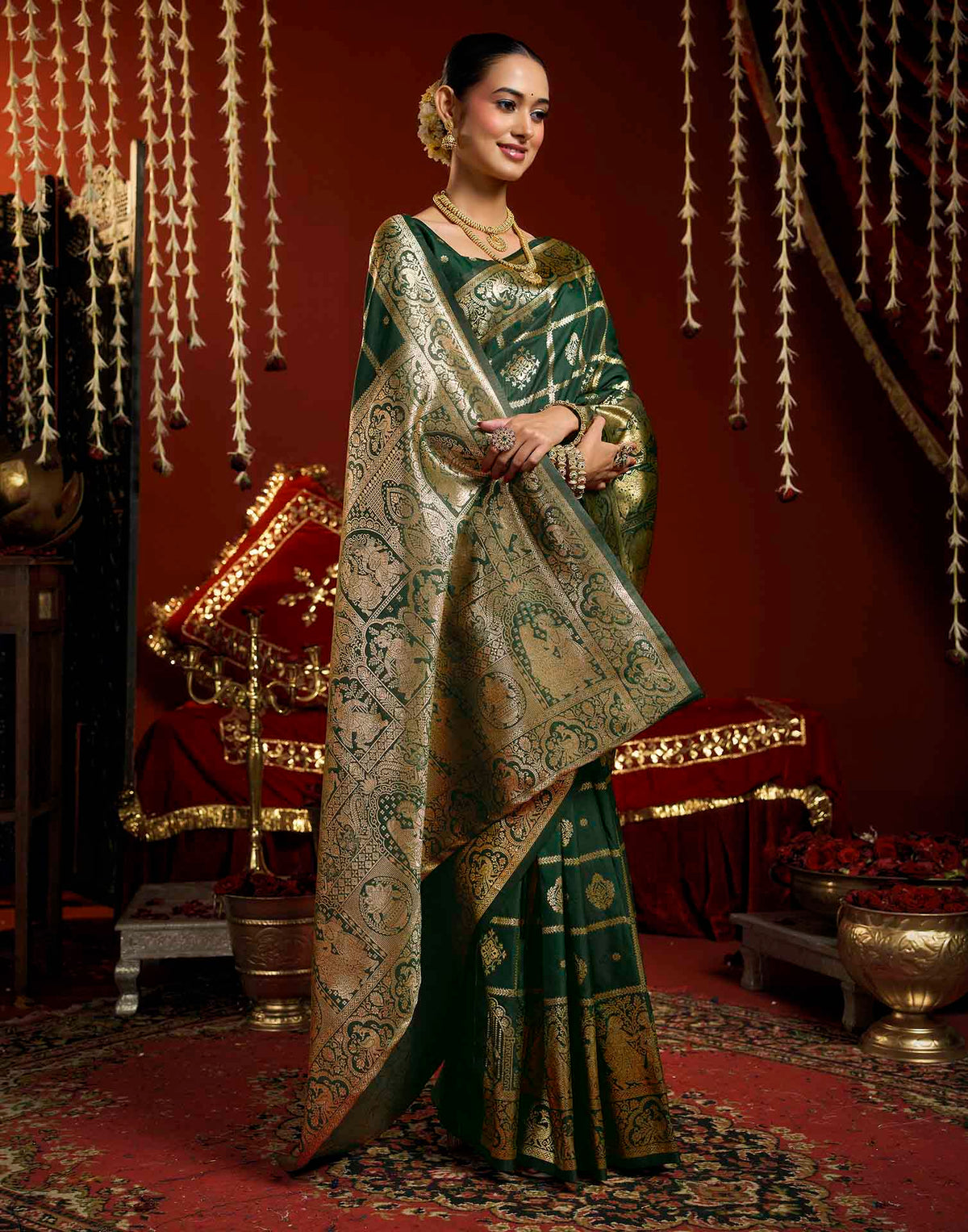 Dark Green Silk Woven Banarasi Saree