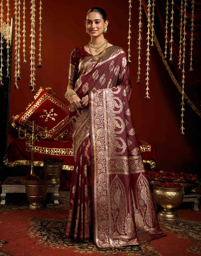 Maroon Silk Woven Banarasi Saree