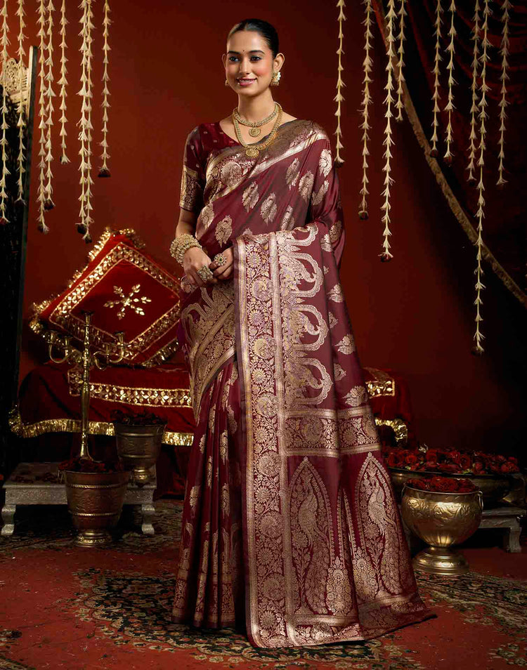 Maroon Silk Woven Banarasi Saree