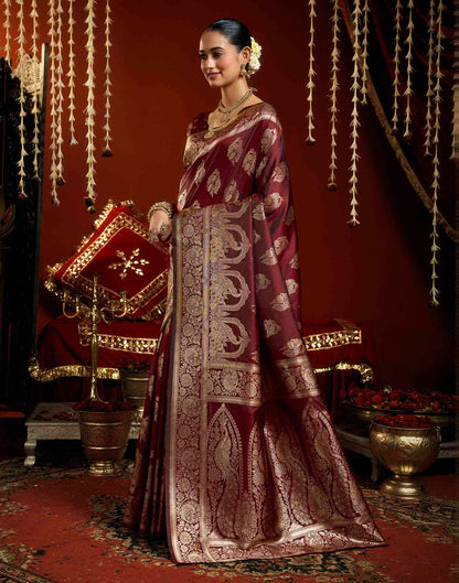 Maroon Silk Woven Banarasi Saree