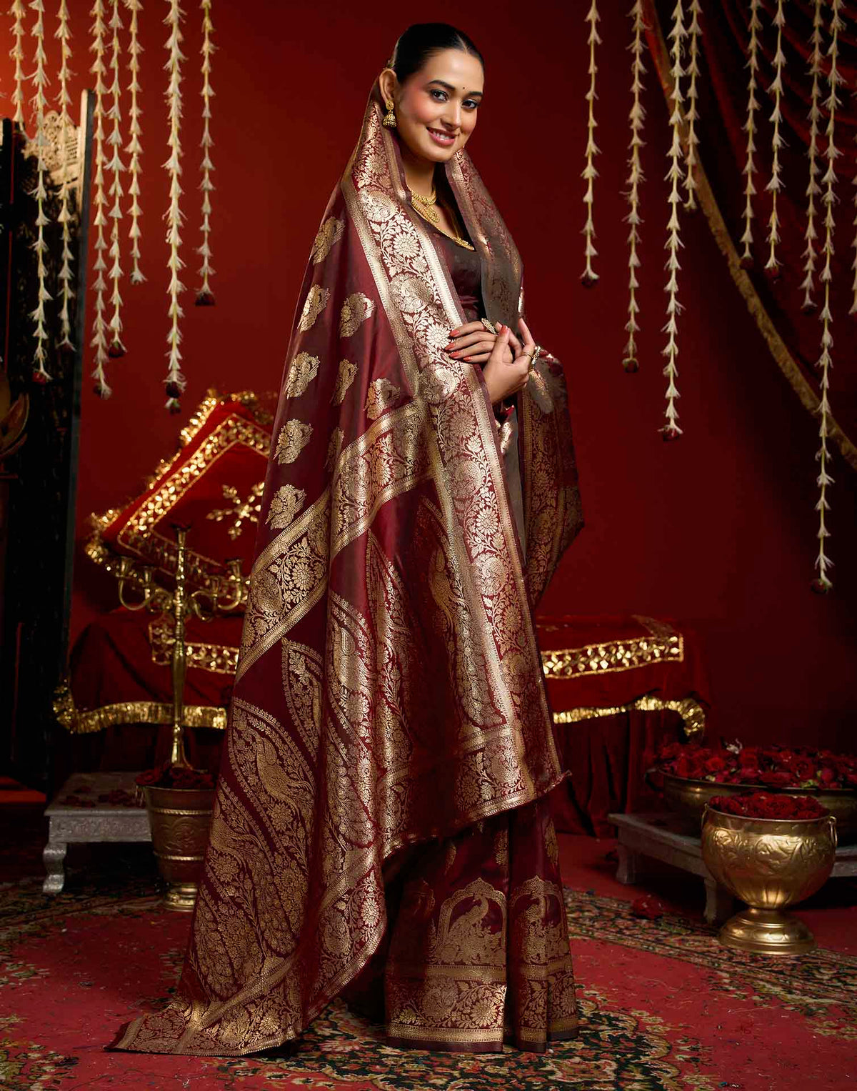 Maroon Silk Woven Banarasi Saree