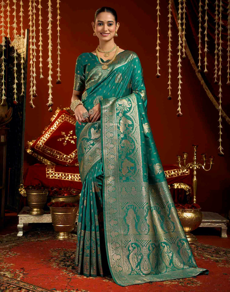 Teal Blue Silk Woven Banarasi Saree