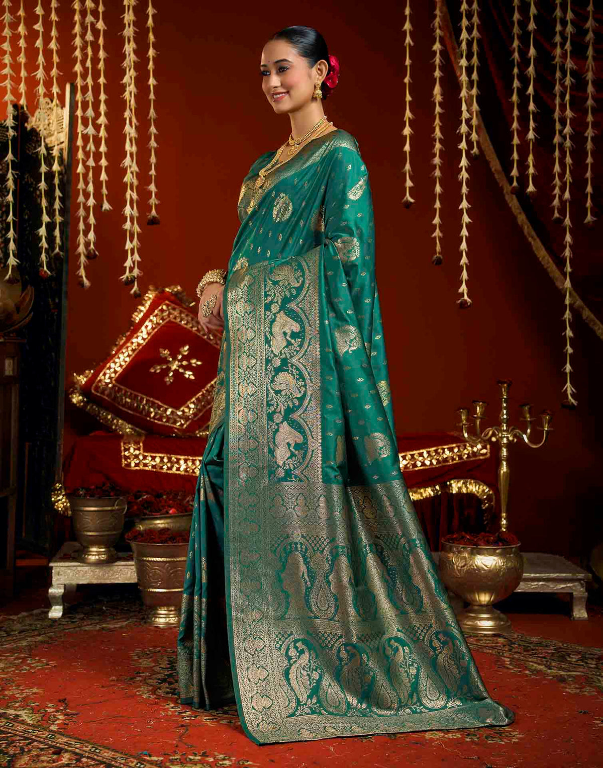 Teal Blue Silk Woven Banarasi Saree