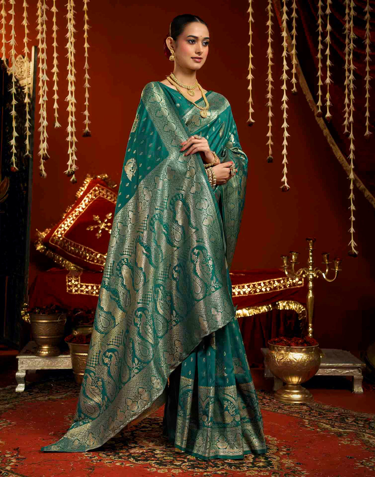 Teal Blue Silk Woven Banarasi Saree