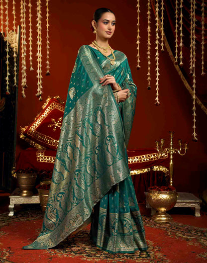 Teal Blue Silk Woven Banarasi Saree