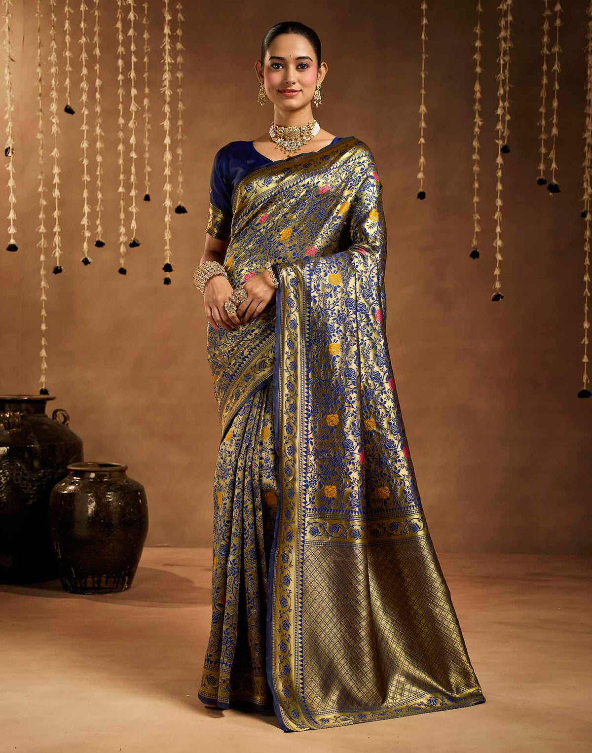 Navy Blue Silk Woven Banarasi Saree