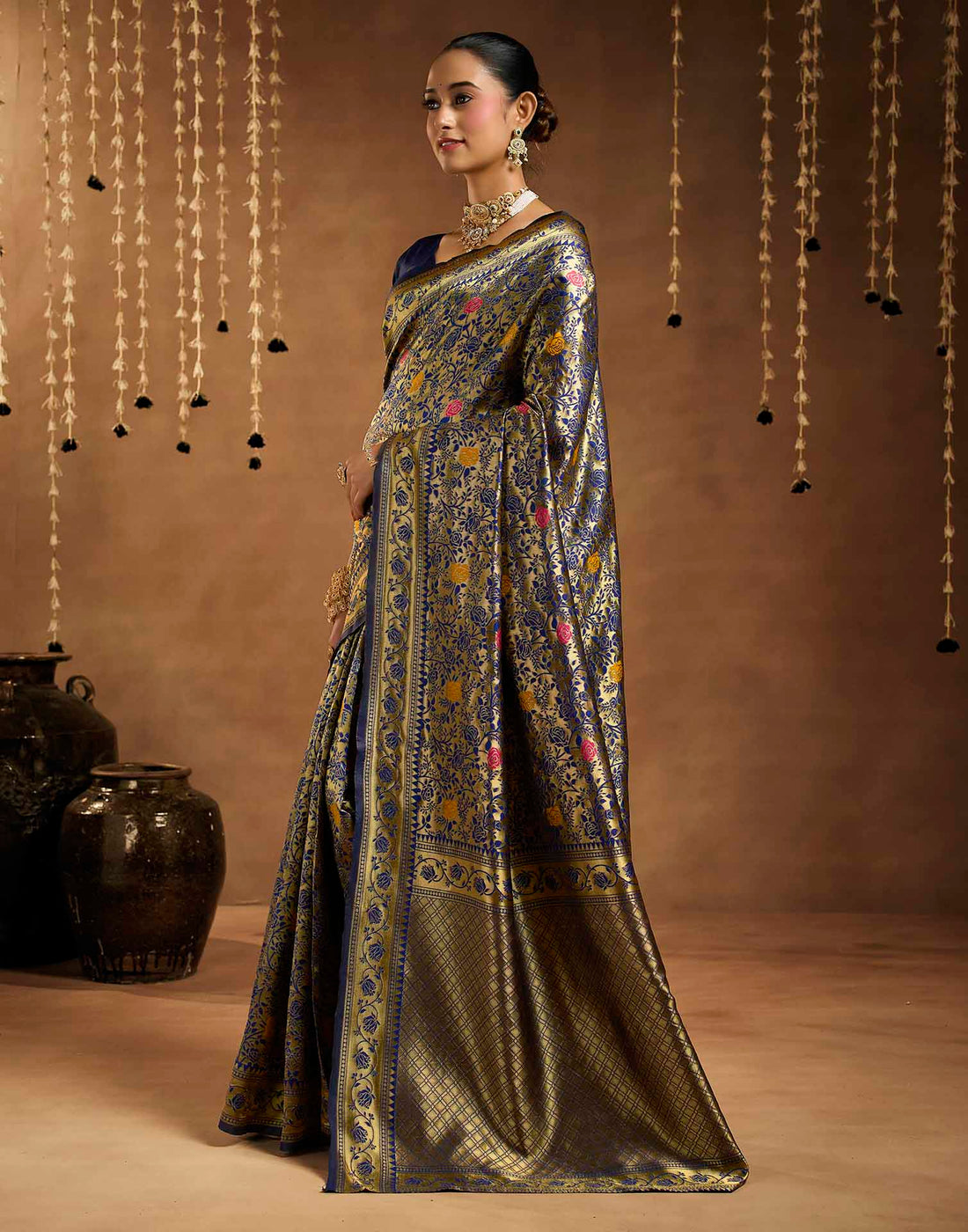 Navy Blue Silk Woven Banarasi Saree
